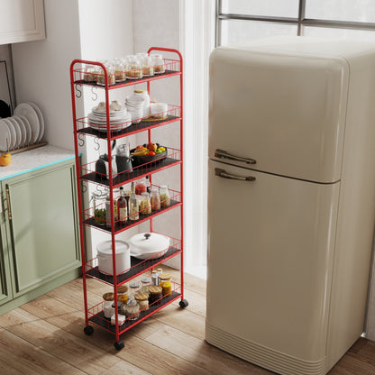 Red 6-story ultra-thin rolling storage cart, mobile shelves with wheels, metal wire storage rack with baskets
