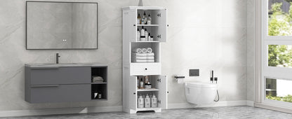 Tall Bathroom Cabinet with Four Doors, Large Storage Space Open Shelve, Upper Storage Cabinet, Whit