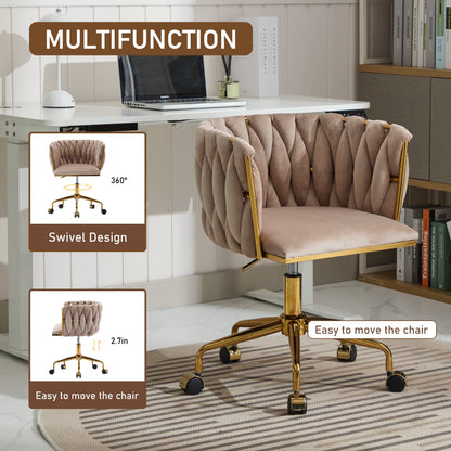 Velvet Vanity Chair with Wheels, Accent Chair Makeup Vanity Chair with Hand Woven Backrest (GRAY)