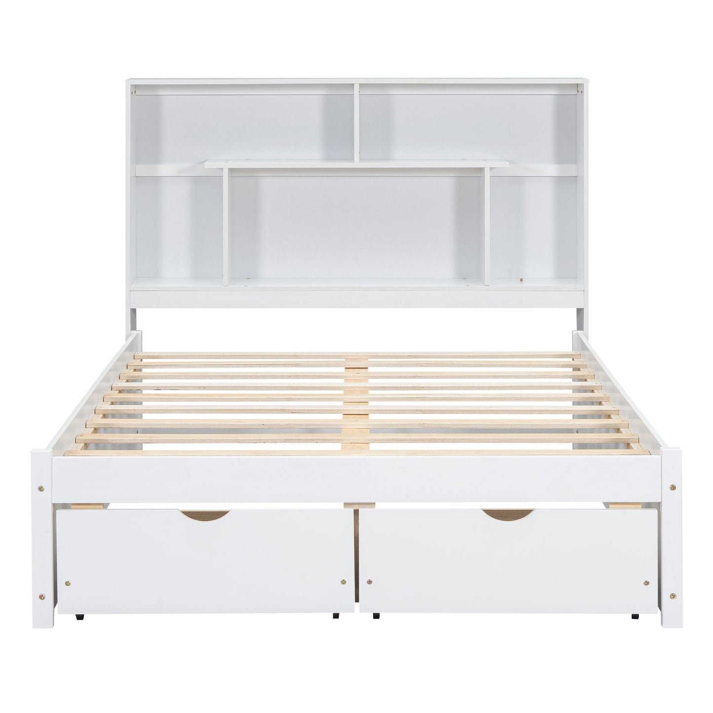 Full Size Platform Bed with Storage Headboard and 2 Drawers, White