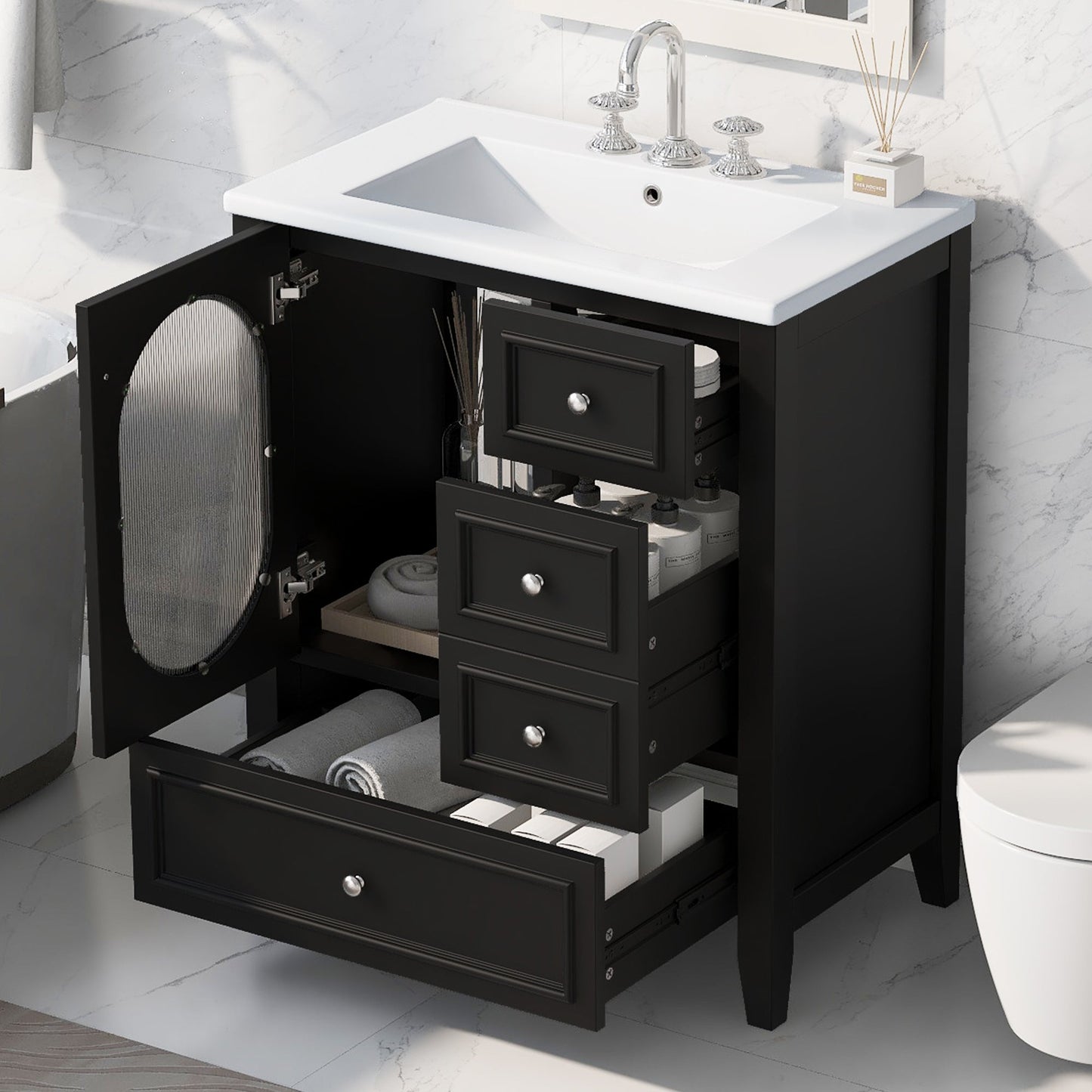 30" Bathroom Vanity with Sink, Bathroom Vanity Cabinet with Three Drawers and Door, Solid Wood and MDF, Black