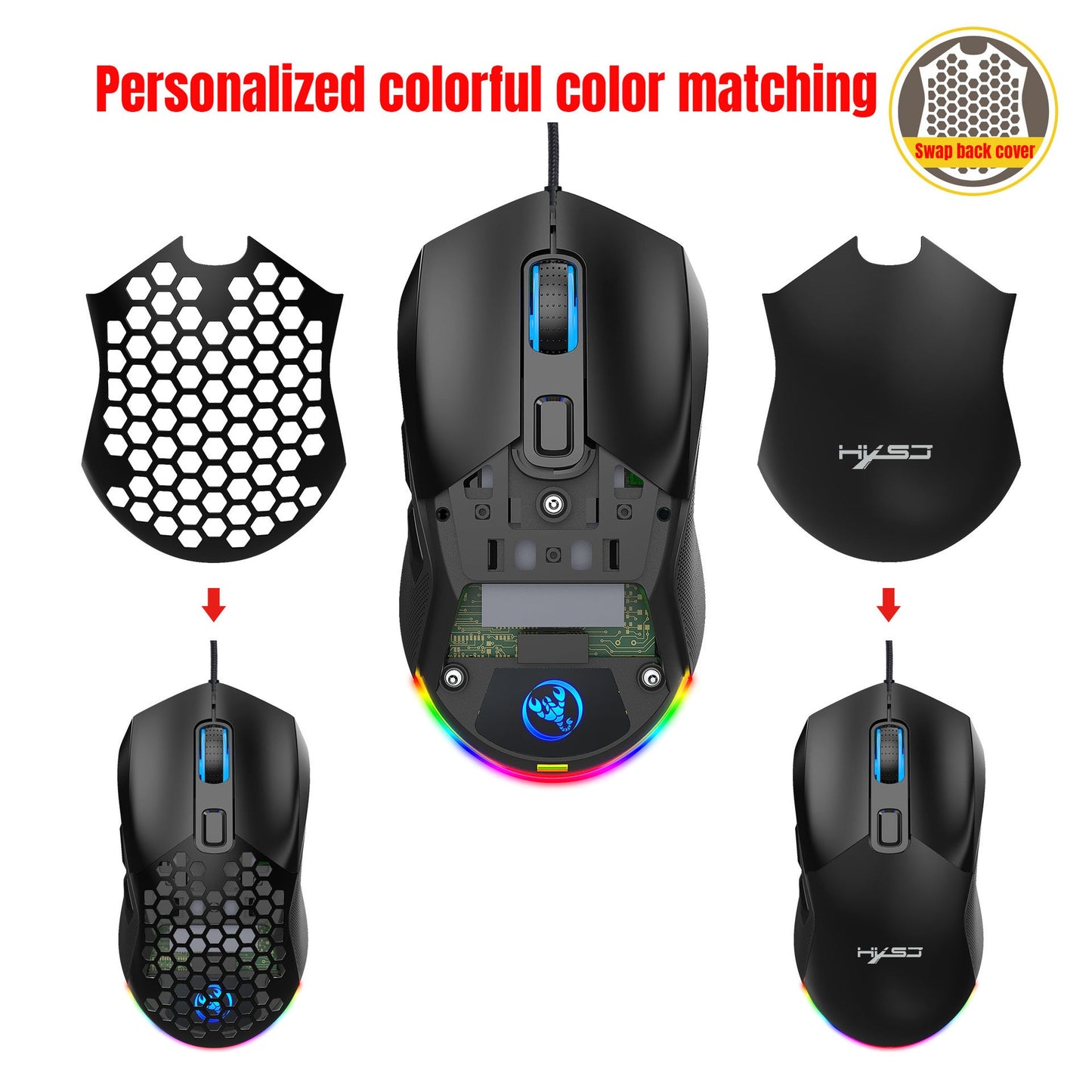 Wired mouse RGB backlight 7200dpi hole gaming mouse interchangeable back cover lightweight