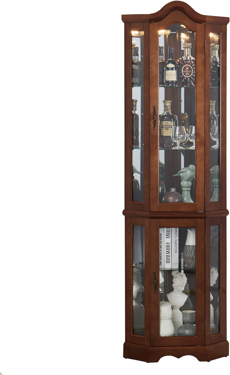 Corner Curio cabinet, adjustable tempered glass frame, rearview mirror, display cabinet, walnut wood (excluding E26 bulbs)