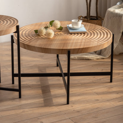 Modern Thread Design Round Coffee Table MDF Table Top with Cross Legs Metal Base(Set of 2 pcs )