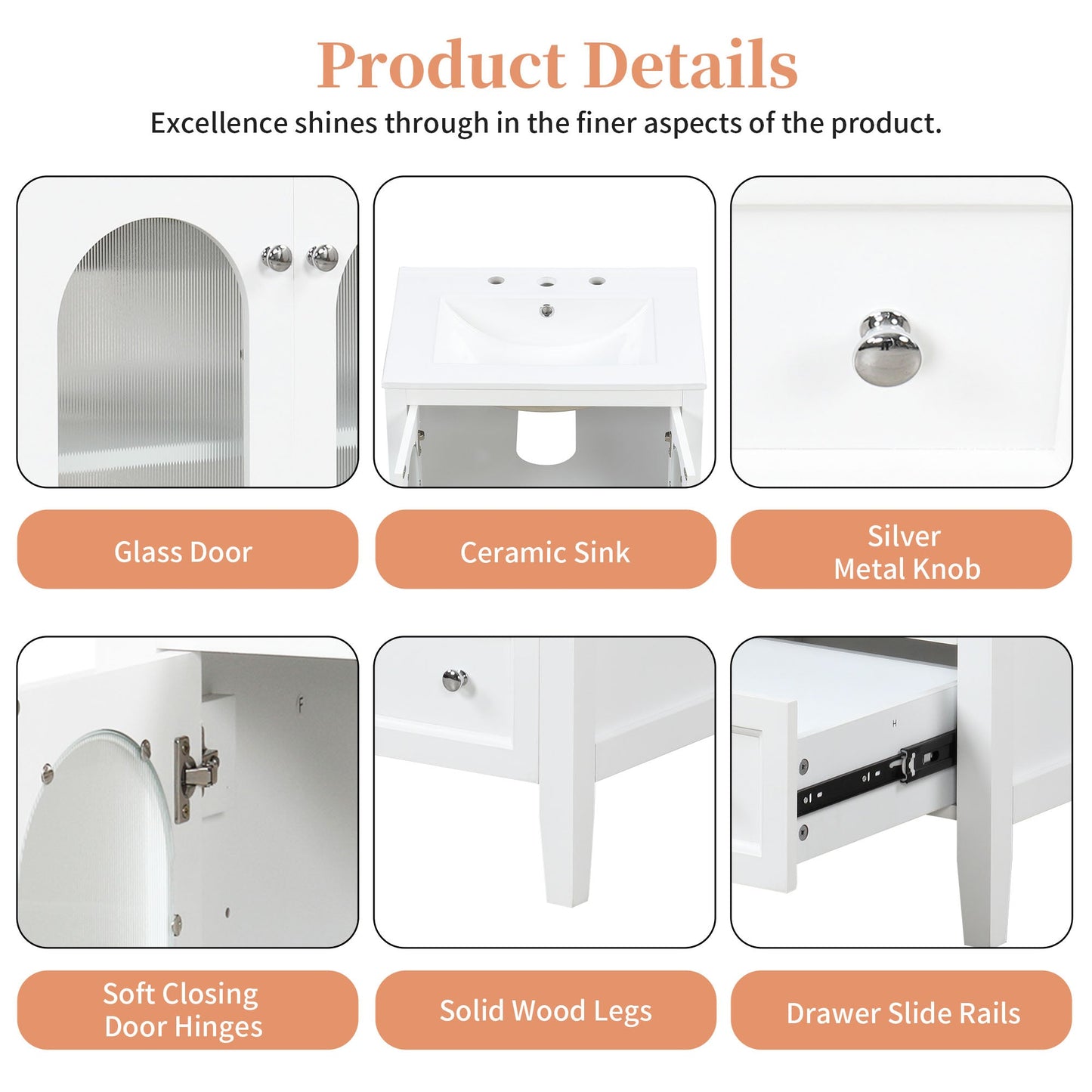 24" Bathroom Vanity with Sink, Bathroom Vanity Cabinet with One Drawer and Doors, Adjustable Shelf, Solid Wood and MDF, White