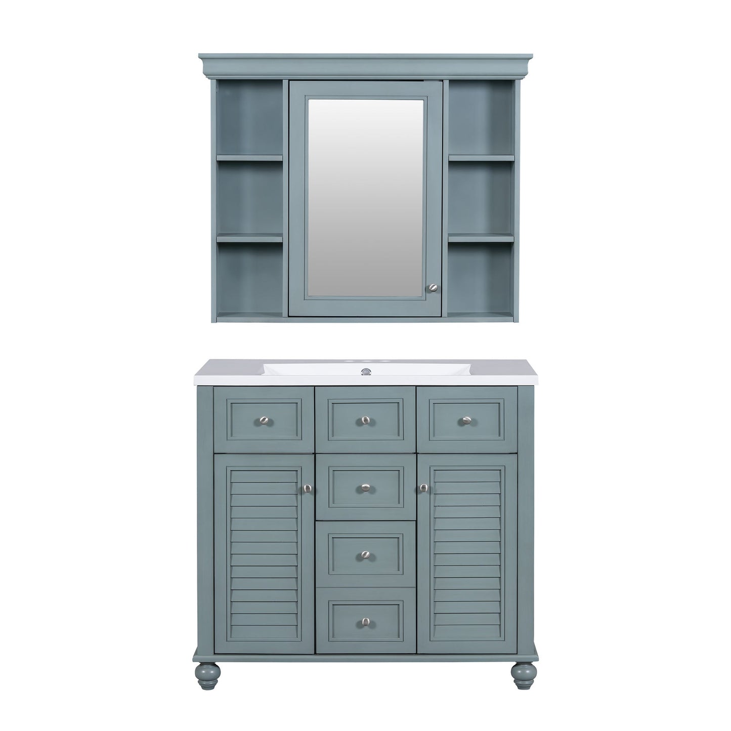 36 inch modern mirror cabinet with adjustable shelves, 2 soft closing doors, and 6 drawer storage cabinet door organizers