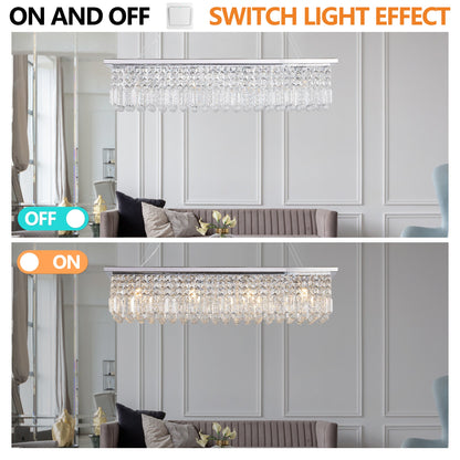 Modern Crystal Chandelier for Dining Room 8-Light White Rectangle Raindrop L39.4'' x W9.8'' x H8.7'(Bulb Not Included)