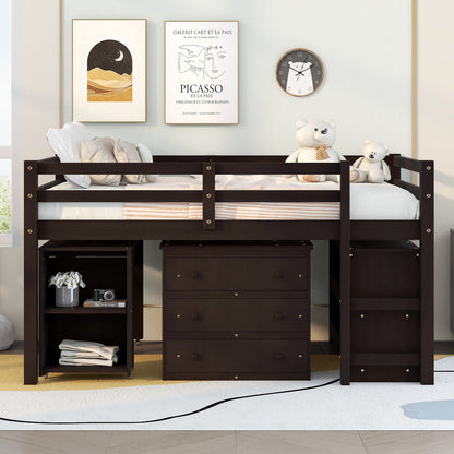 Low Study Full Loft Bed with Cabinet Shelves and Rolling Portable Desk Multiple Functions Bed- Espresso