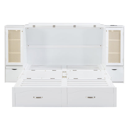 Large Murphy bed wall mounted bed with drawers, 2 storage cabinets, 1 set of sockets and USB ports, white