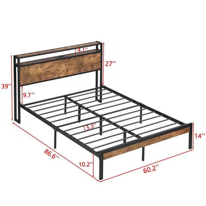 Large metal platform bed frame with wooden headboard and footboard with USB LINER and LED lights