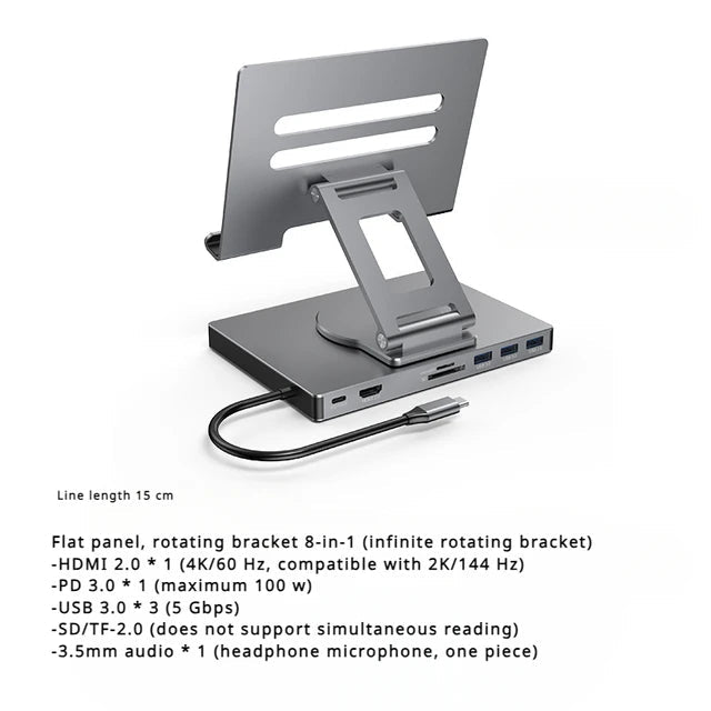 4K/60Hz Gigabit Ethernet Port USB 3.0 Splitter Hub Converter Flat Panel Rotary Stand Type-c Docking Station