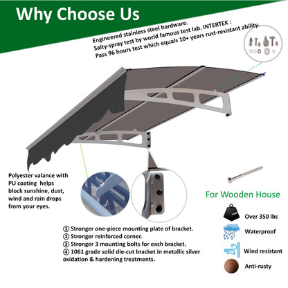 DA5934W Series Door Window Awning Canopy Made of 0.137 Inch Thick Crystal Solid Polycarbonate Sheet in size of 59" Wide x 34"