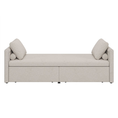 Modern cushioned lounge chair sofa bed with 2 drawers, small single sofa bed without mattress, linen, beige