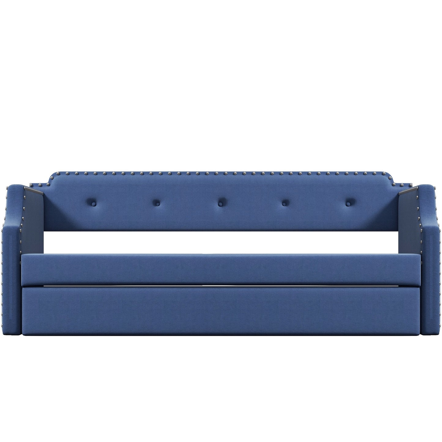 Upholstered Daybed with Trundle, Wood Slat Support,Upholstered Frame Sofa Bed Twin Blue
