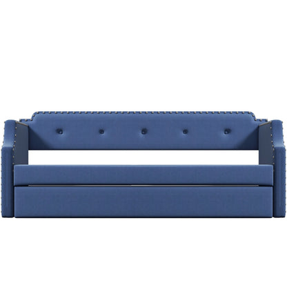 Upholstered Daybed with Trundle, Wood Slat Support,Upholstered Frame Sofa Bed Twin Blue