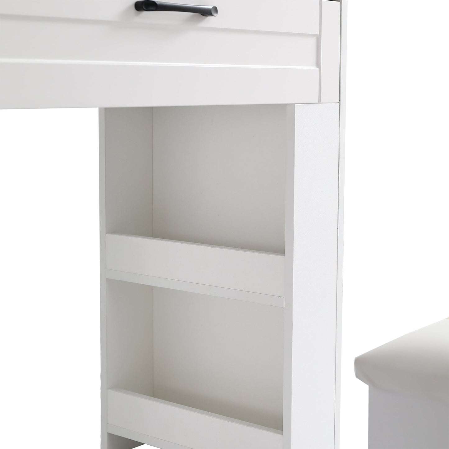 Vanity table with large sliding lighted mirror dressing table with 2 drawers storage shelves and upholstered stool white color
