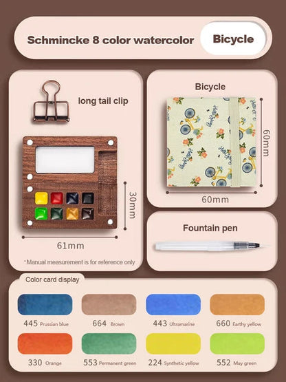 Mini watercolor paint box and small notebook Mingke 8-color wooden box mini drawing board solid watercolor painting