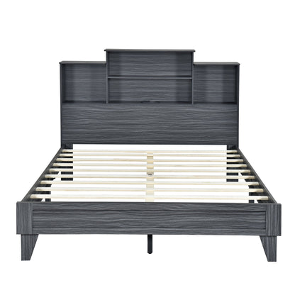 Queen Size Storage Platform Bed Frame with 4 Open Storage Shelves and USB Charging Design Gray