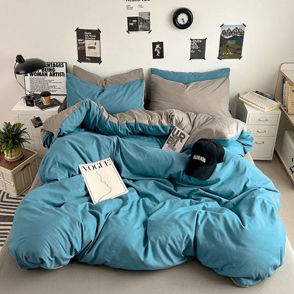 Washed Cotton Solid Color Double Spliced Four-Piece Bedding Set - Sheet, Quilt Cover, Pillowcases for Employee and Dormitory Use