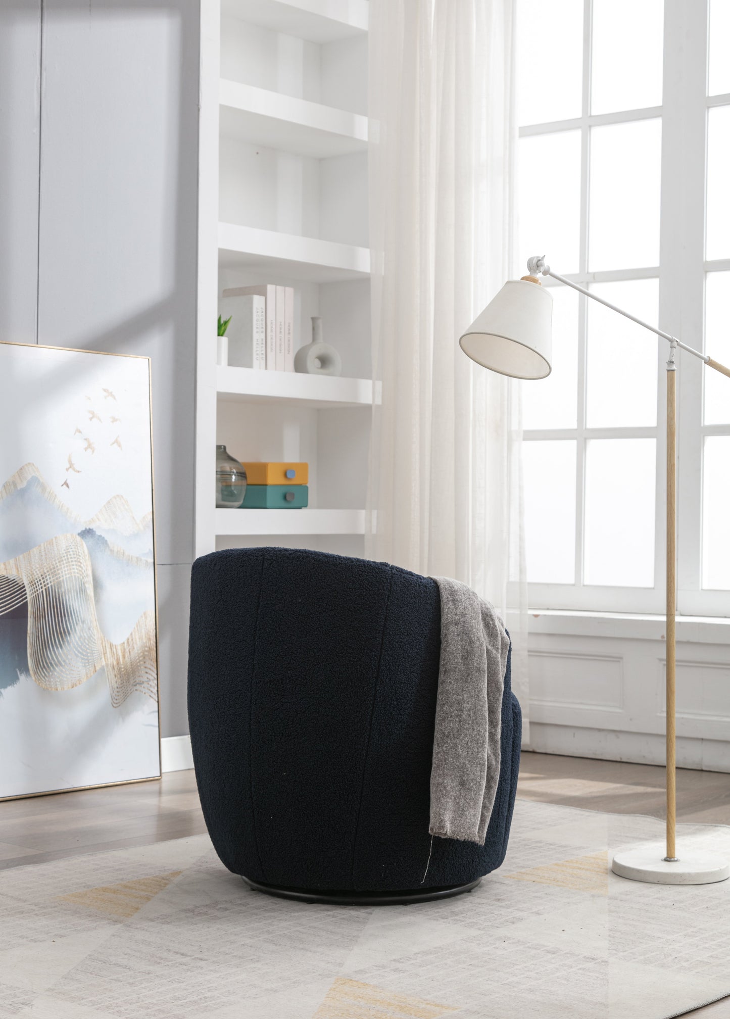 Teddy Fabric Swivel Accent Armchair Barrel Chair With Black Powder Coating Metal Ring Dark Blue