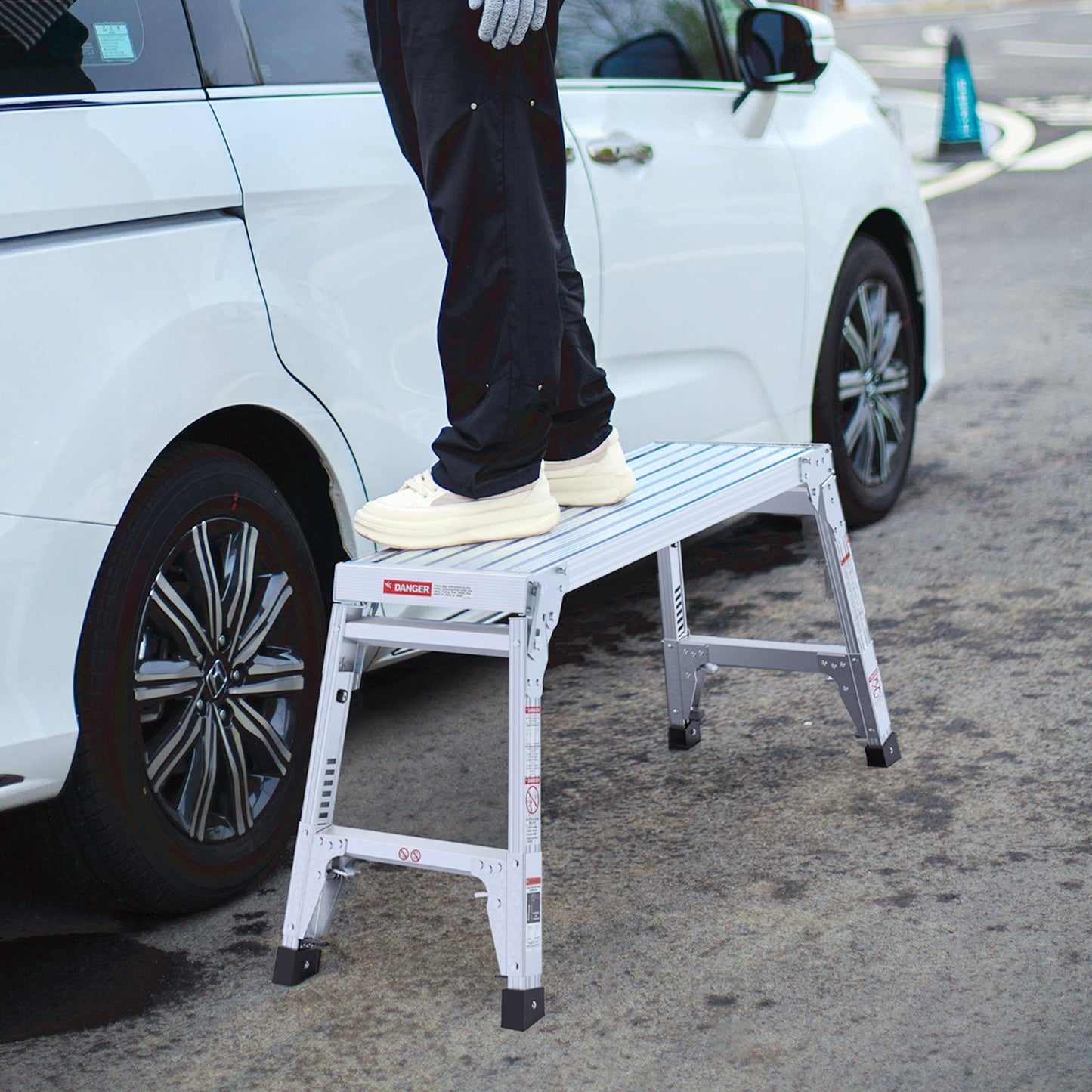 Aluminum Work Platform Large Size Step Stool Folding Portable Work Bench 40" Width Telescopic Feet 22" -27.5" Height Adjustable