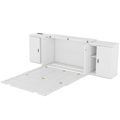 Full Size Murphy Bed with Shelves, Cabinets and USB Ports,White