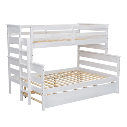 Wood Twin over Full Bunk Bed with Twin Size Trundle  White