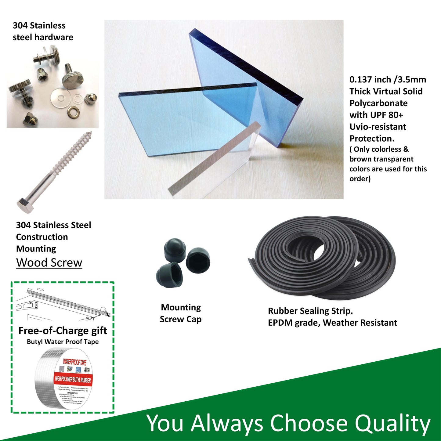 DA5934W Series Door Window Awning Canopy Made of 0.137 Inch Thick Crystal Solid Polycarbonate Sheet in size of 59" Wide x 34"