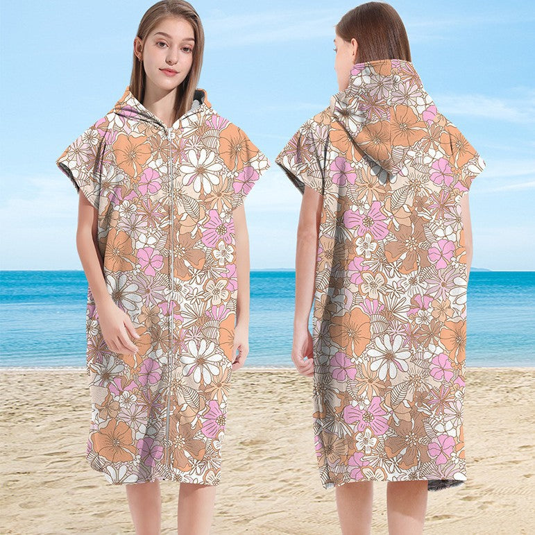 Hooded Towel Ultra-fine Fiber Zipper Wearable Bathrobe Cape Beach Towel