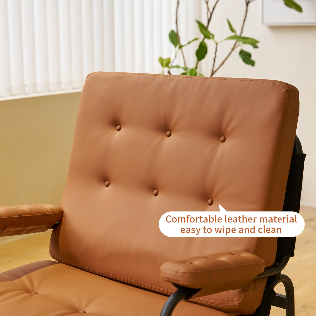 Living room chair with adhesive leather armrests, high backrest, metal legs, and soft padding (1 piece in brown)