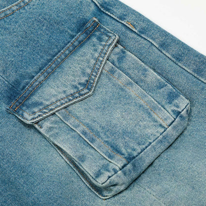 American High Street Vintage Washed Multi-Pocket Workwear Jeans Loose A-Line Wide Leg Long Pants for Men