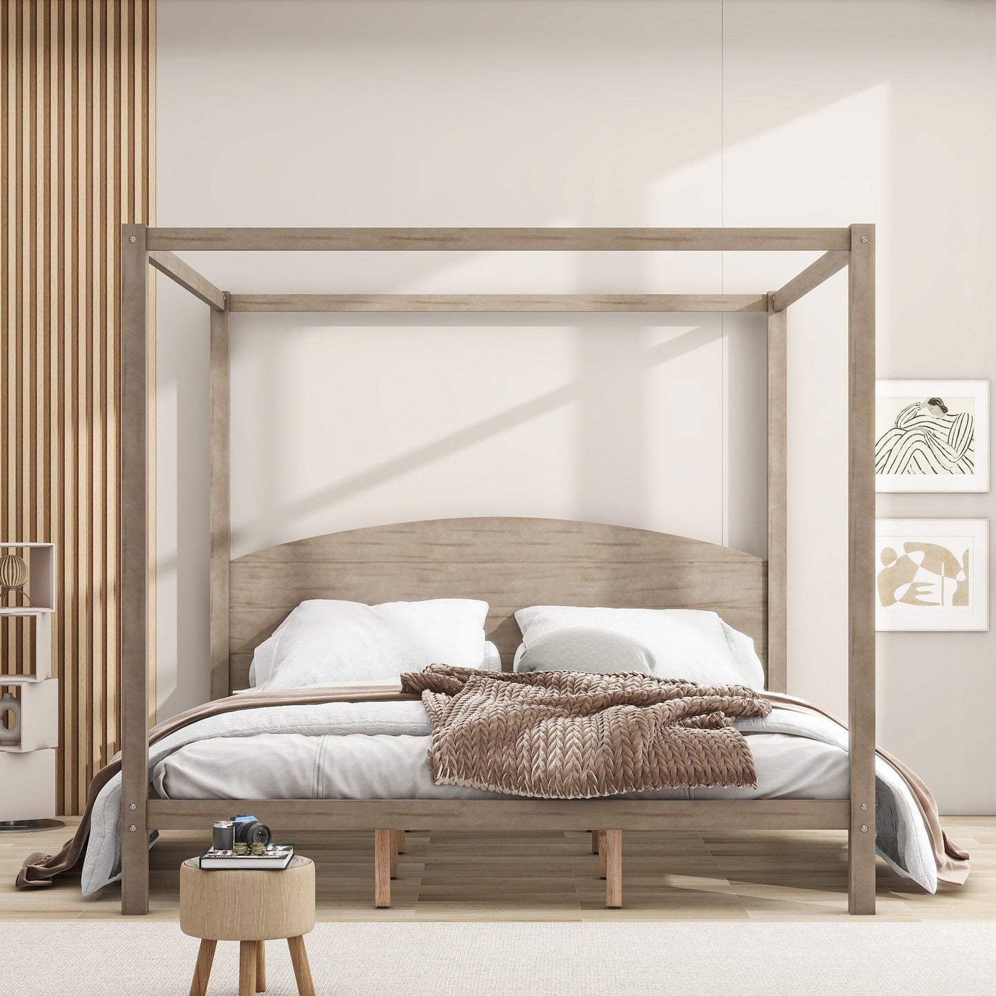 King Size Canopy Platform Bed with Headboard and Support Legs, Brown Wash