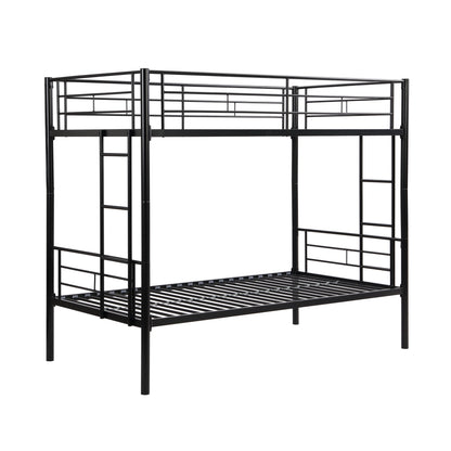 Double decker bed, size above twin bed, with 2 ladders and full-length guardrail, metal, storage space, black
