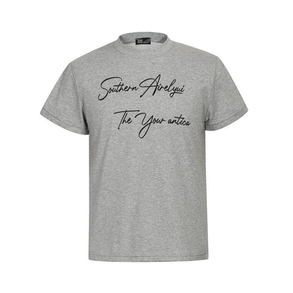 Handwritten English Letter Print Short Sleeve T-Shirt Men's Slim Fit Regular Shoulder Casual Round Neck Half Sleeve Top INS Trendy Tee