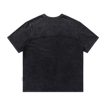 Spliced Raw Edge Short Sleeve T-Shirt Unique Design Hip Hop Men's Washed Vintage Casual Tee