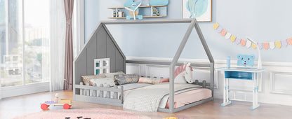 Full Size Wood House Bed with Window and Fence  Gray