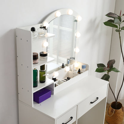 Vanity desk set including table with large lighted mirror 3 color lighting modes adjustable brightness white color