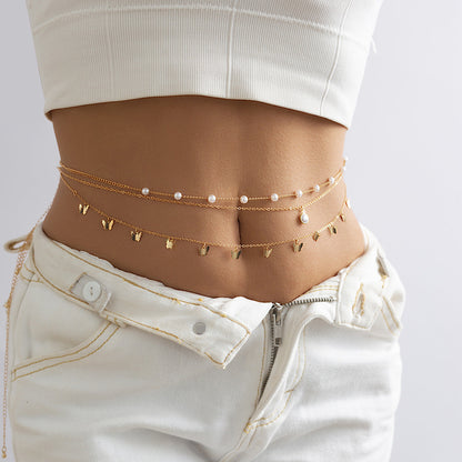 Stacked chain tassel star moon rhinestone waist chain sexy butterfly women's imitation pearl body chain