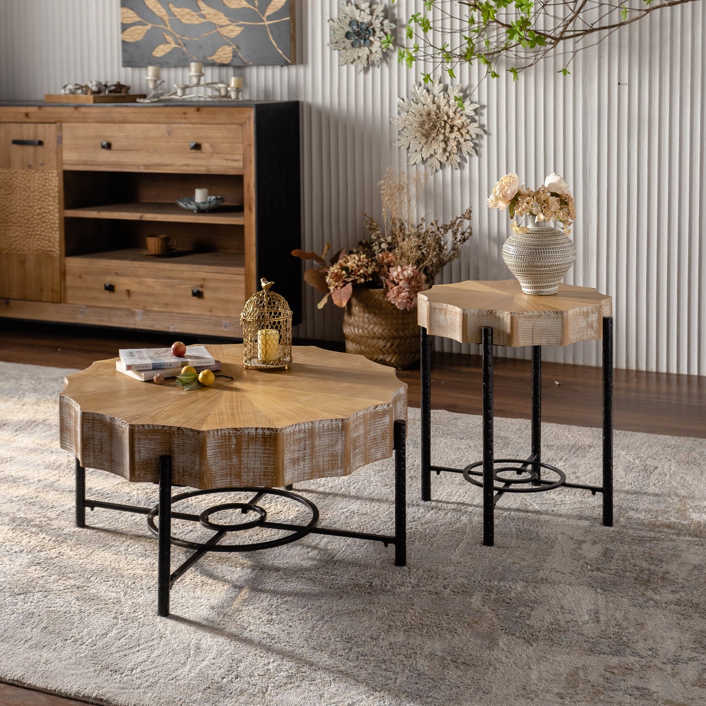 31.5 "Vintage Patchwork Lace Shape Coffee Table Cedar Coffee Table Set (Set of 2)