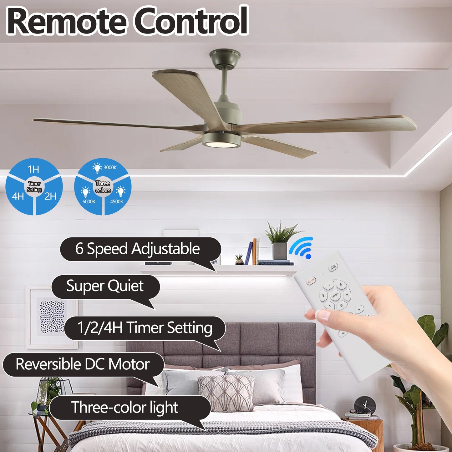 60 "modern wooden ceiling fan with lighting and remote control, 6-speed noiseless reversible DC motor ceiling fan