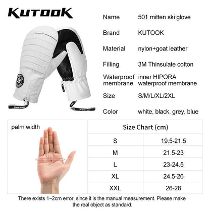 KUTOOK Winter Ski Mittens Windproof Snowboard Mittens Thermal Fleece Lining Skiing Gloves Waterproof Goatskin Palm Outdoor Sport