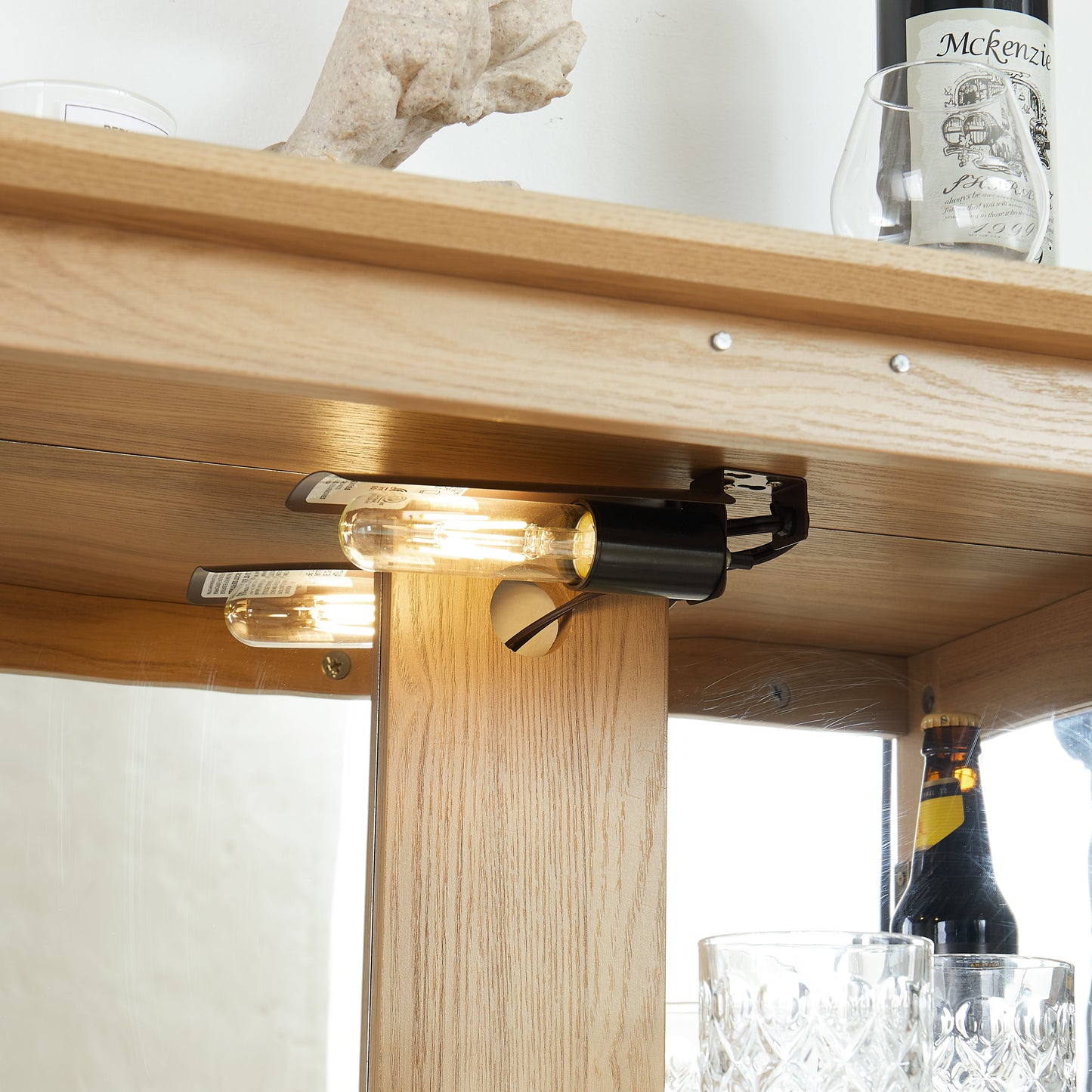 Light colored glass cabinet with adjustable glass frame, including cabinet light bulbs OAK with 2 doors and 1 drawer