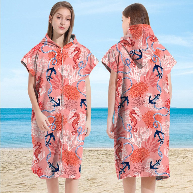 Hooded Towel Ultra-fine Fiber Zipper Wearable Bathrobe Cape Beach Towel