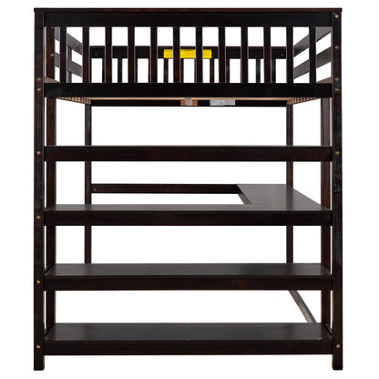Full Size Loft Bed with Storage Shelves and Under-bed Desk  Espresso