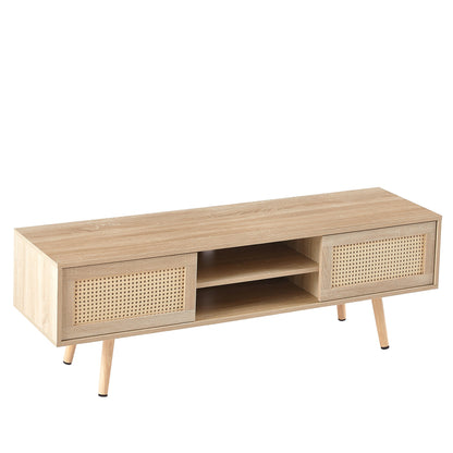 55.12" Rattan TV cabinet double sliding doors for storage adjustable shelf solid wood legs TV console for living room natural