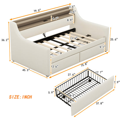 Twin Size Daybed with Storage Drawers, Upholstered Daybed with Charging Station and LED Lights, Beige