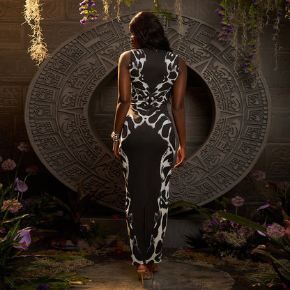 Summer Printed Leopard Pattern Hollow-out Sleeveless Waist-cinched Sexy Dress