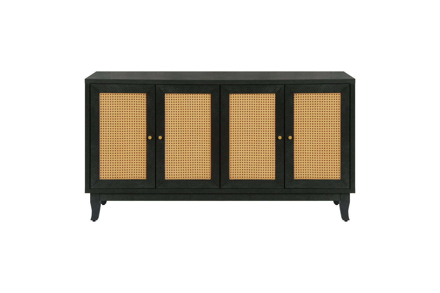 Handcrafted Premium Grain Panels Rattan Sideboard Buffer Cabinet Accent Storage Cabinet With 4 Rattan Doors BLACK