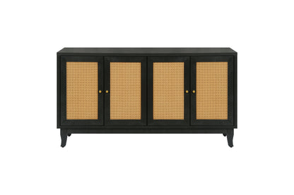 Handcrafted Premium Grain Panels Rattan Sideboard Buffer Cabinet Accent Storage Cabinet With 4 Rattan Doors BLACK