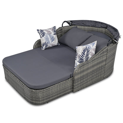 GO 79.9" Outdoor Sunbed with Adjustable Canopy, Double lounge, PE Rattan Daybed, Gray Wicker And Cushion